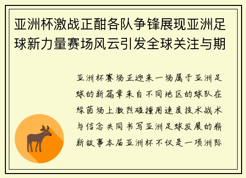 亚洲杯激战正酣各队争锋展现亚洲足球新力量赛场风云引发全球关注与期待